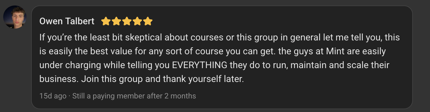 5-star review from Owen Talbert: still a paying member after 2 months
